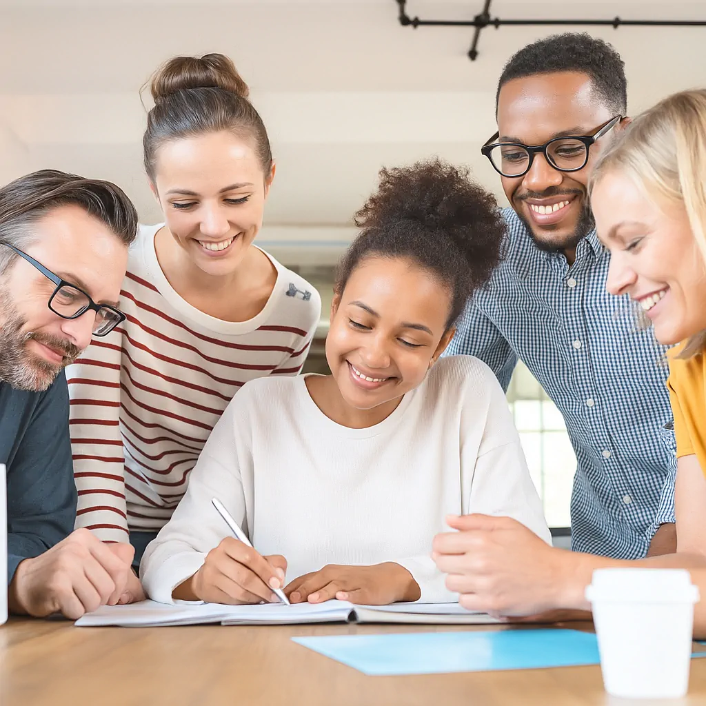 Groupe de professionnels apprenant l’anglais avec enthousiasme en formation intermédiaire