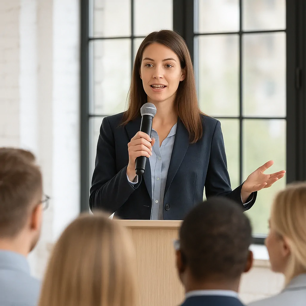 Femme professionnelle s’exprimant avec aisance lors d’une présentation en anglais