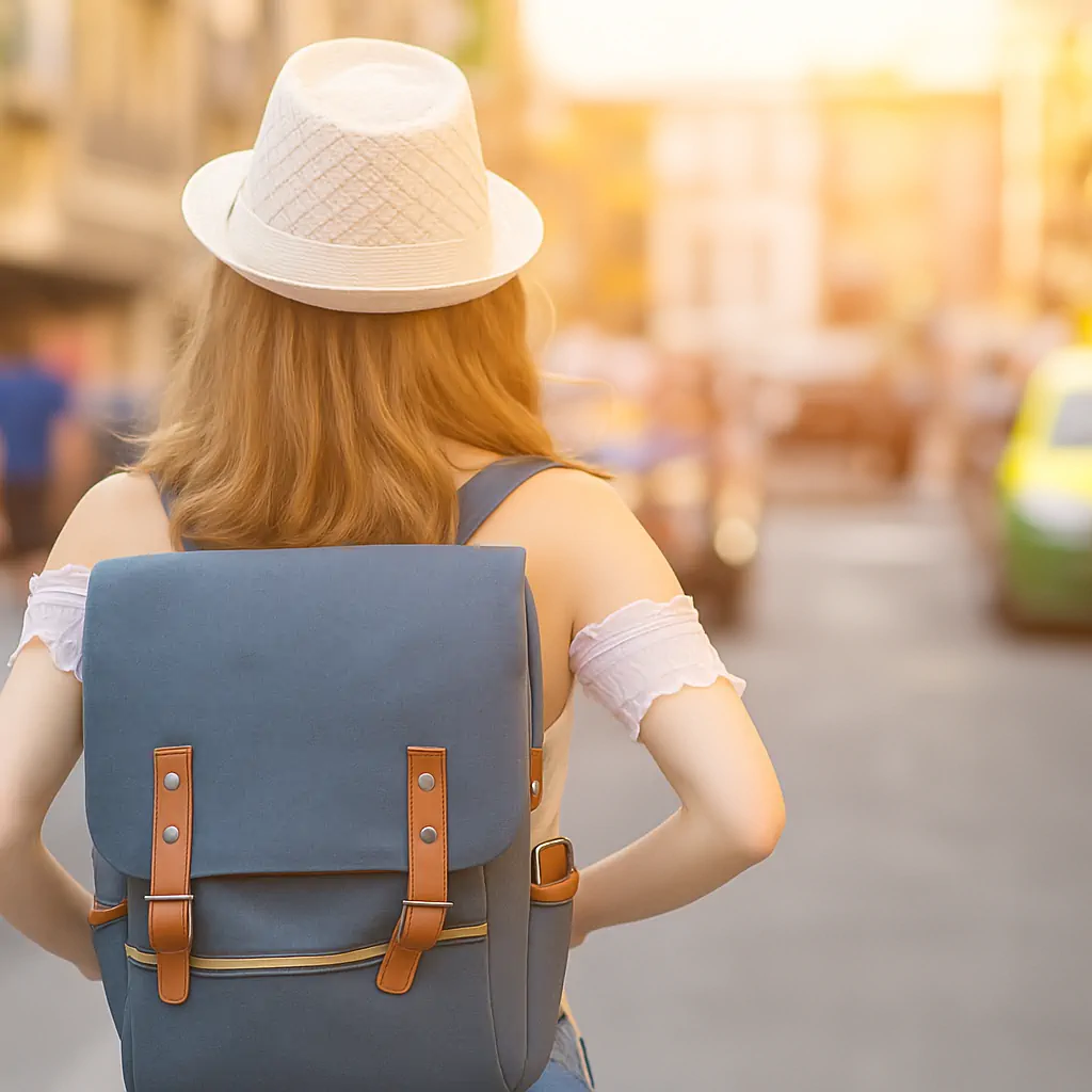 Femme débutante en anglais portant un sac à dos, prête à démarrer son apprentissage